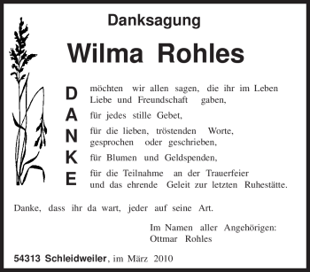 Traueranzeige von Wilma Rohles von TRIERISCHER VOLKSFREUND
