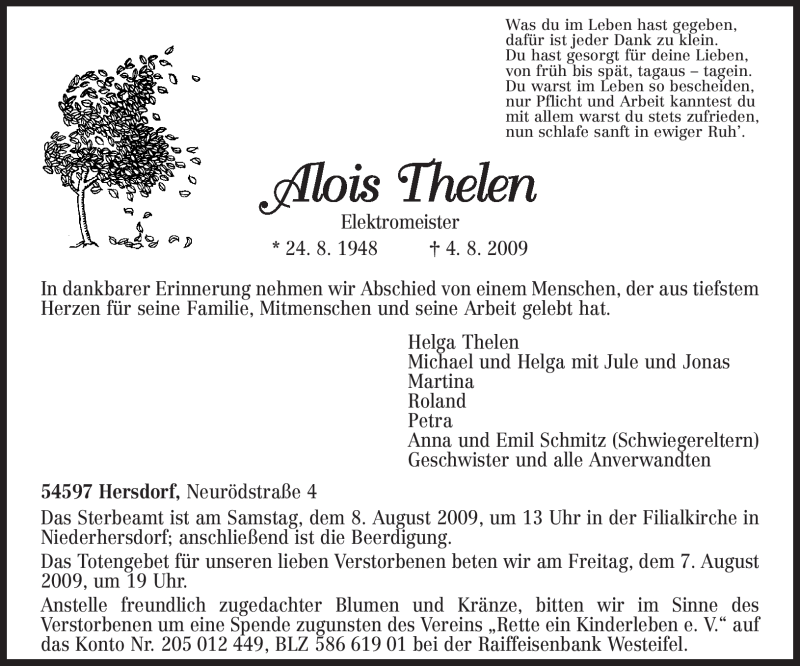  Traueranzeige für Alois Thelen vom 06.08.2009 aus TRIERISCHER VOLKSFREUND