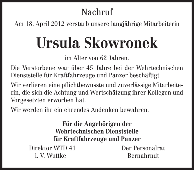  Traueranzeige für Ursula Skowronek vom 24.04.2012 aus TRIERISCHER VOLKSFREUND