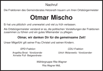 Traueranzeige von Otmar Mischo von TRIERISCHER VOLKSFREUND