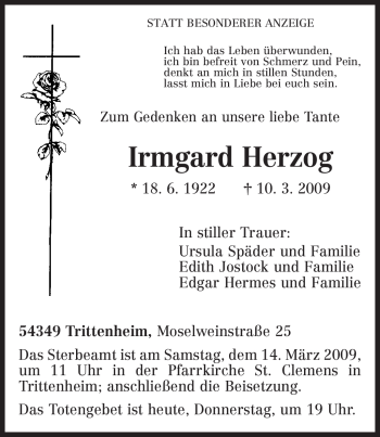 Traueranzeige von Irmgard Herzog von TRIERISCHER VOLKSFREUND