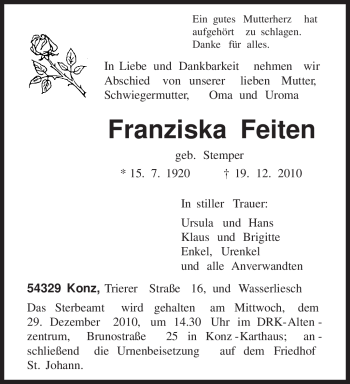 Traueranzeige von Franziska Feiten von TRIERISCHER VOLKSFREUND