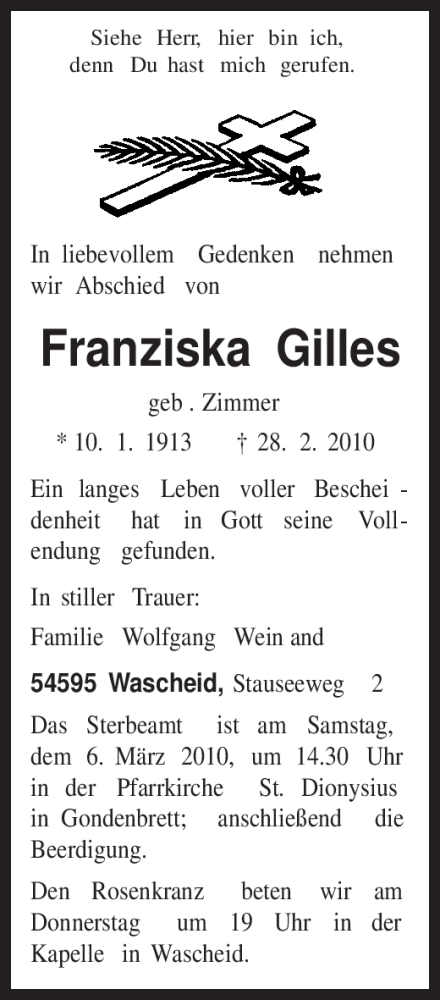  Traueranzeige für Franziska Gilles vom 02.03.2010 aus TRIERISCHER VOLKSFREUND