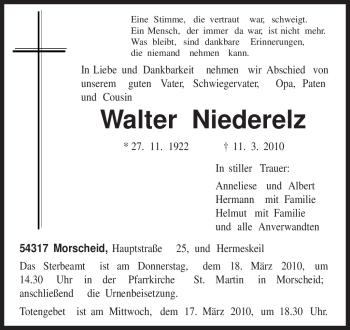 Traueranzeige von Walter Niederelz von TRIERISCHER VOLKSFREUND