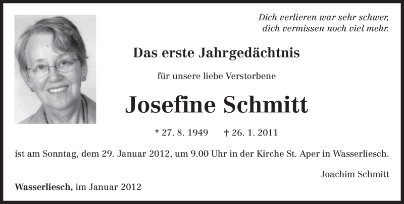  Traueranzeige für Josefine Schmitt vom 26.01.2012 aus TRIERISCHER VOLKSFREUND