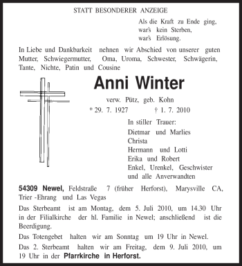 Traueranzeige von Anni Winter von TRIERISCHER VOLKSFREUND