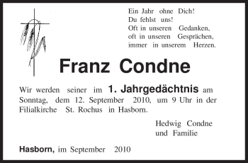 Traueranzeige von Franz Condne von TRIERISCHER VOLKSFREUND
