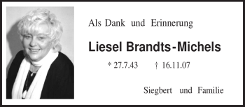 Traueranzeige von Liesel Brandts-Michels von TRIERISCHER VOLKSFREUND