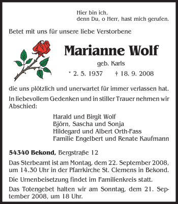 Traueranzeige von Marianne Wolf von TRIERISCHER VOLKSFREUND