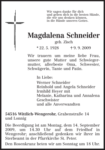 Traueranzeige von Magdalena Schneider von TRIERISCHER VOLKSFREUND