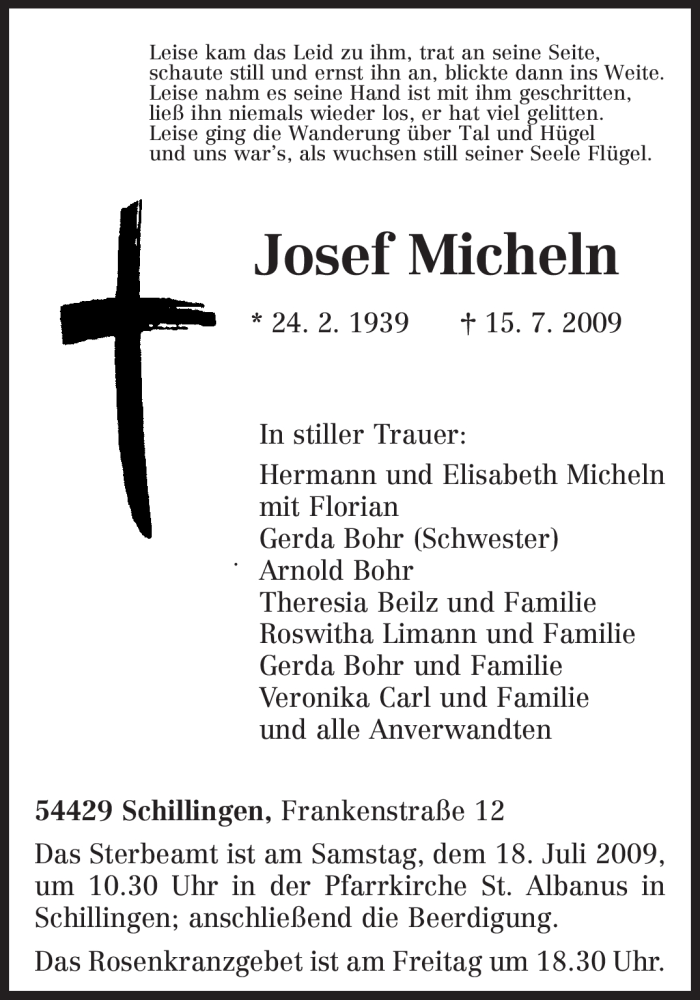  Traueranzeige für Josef Micheln vom 16.07.2009 aus TRIERISCHER VOLKSFREUND