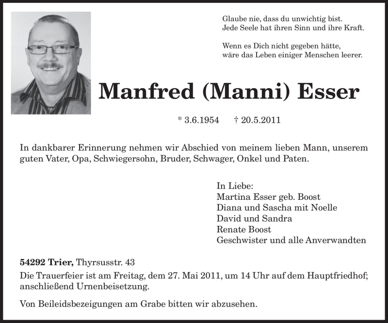  Traueranzeige für Manfred Esser vom 25.05.2011 aus TRIERISCHER VOLKSFREUND