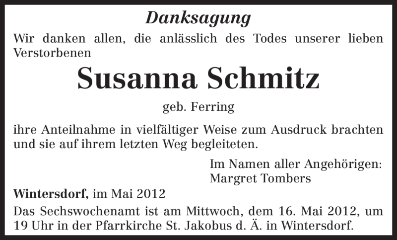  Traueranzeige für Susanna Schmitz vom 12.05.2012 aus TRIERISCHER VOLKSFREUND