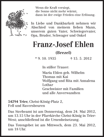 Traueranzeige von Franz-Josef Ehlen von TRIERISCHER VOLKSFREUND
