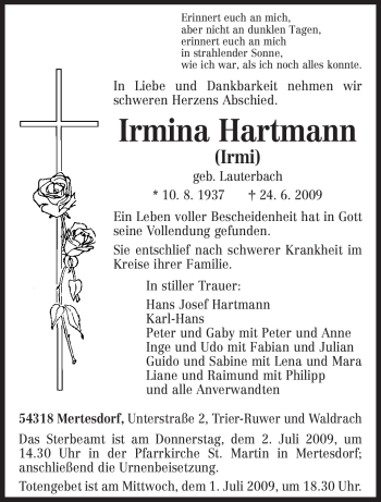 Traueranzeige von Irmina Hartmann von TRIERISCHER VOLKSFREUND