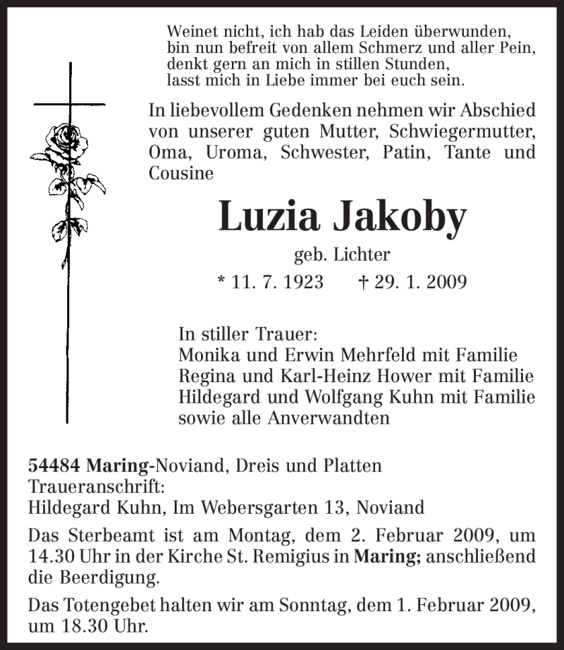  Traueranzeige für Luzia Jakoby vom 31.01.2009 aus TRIERISCHER VOLKSFREUND