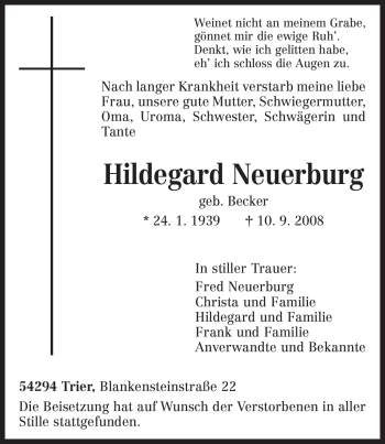 Traueranzeige von Hildegard Neuerburg von TRIERISCHER VOLKSFREUND