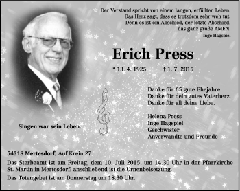 Traueranzeige von Erich Press von trierischer_volksfreund