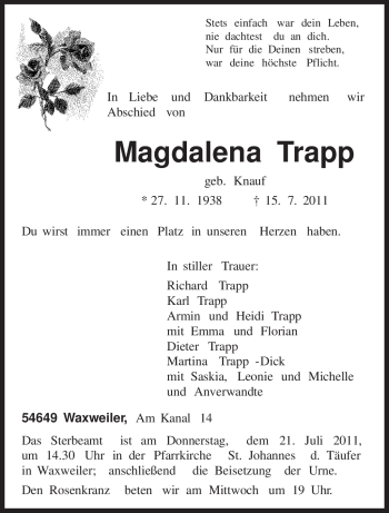 Traueranzeige von Magdalena Trapp von TRIERISCHER VOLKSFREUND