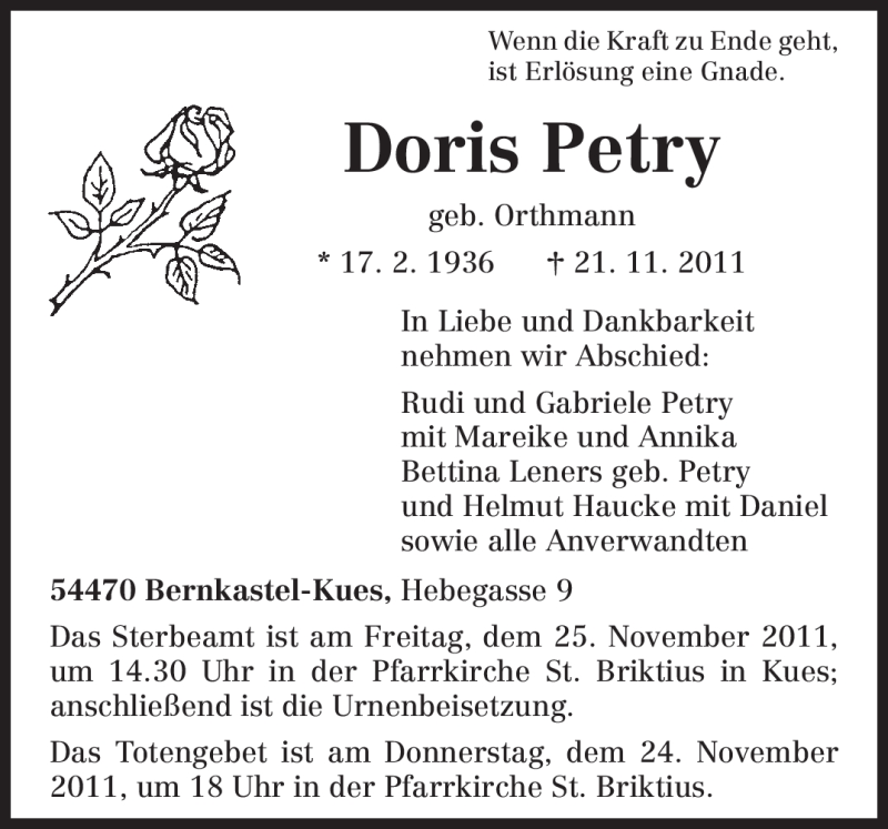  Traueranzeige für Doris Petry vom 22.11.2011 aus TRIERISCHER VOLKSFREUND