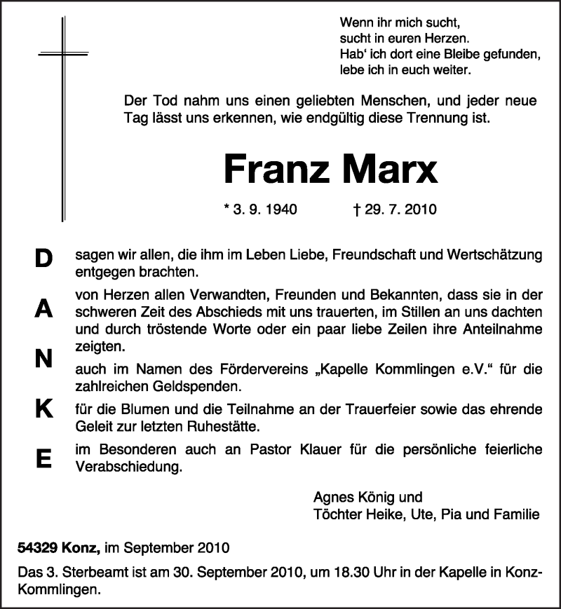  Traueranzeige für Franz Marx vom 18.09.2010 aus TRIERISCHER VOLKSFREUND