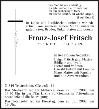 Traueranzeige von Franz-Josef Fritsch von TRIERISCHER VOLKSFREUND