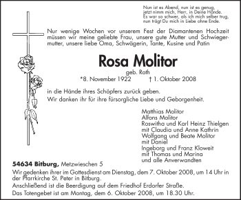 Traueranzeige von Rosa Molitor von TRIERISCHER VOLKSFREUND
