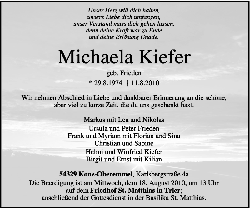  Traueranzeige für Michaela Kiefer vom 14.08.2010 aus TRIERISCHER VOLKSFREUND
