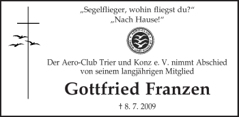 Traueranzeige von Gottfried Franzen von TRIERISCHER VOLKSFREUND