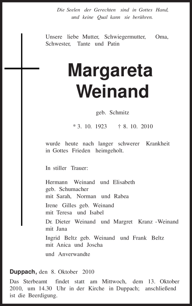  Traueranzeige für Margareta Weinand vom 11.10.2010 aus TRIERISCHER VOLKSFREUND