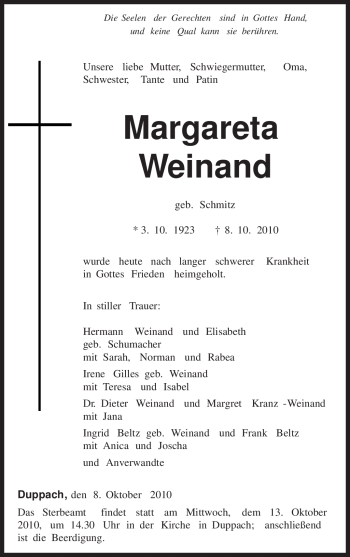 Traueranzeige von Margareta Weinand von TRIERISCHER VOLKSFREUND