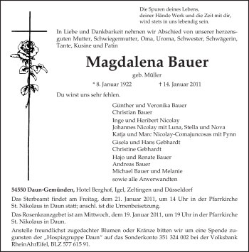 Traueranzeige von Magdalena Bauer von TRIERISCHER VOLKSFREUND