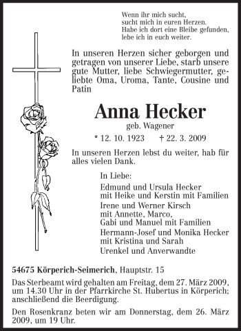 Traueranzeige von Anna Hecker von TRIERISCHER VOLKSFREUND