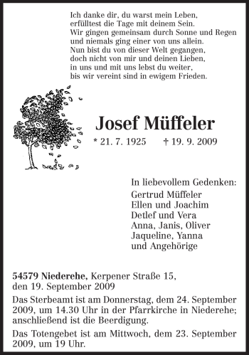 Traueranzeige von Josef Müffeler von TRIERISCHER VOLKSFREUND