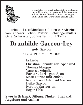 Traueranzeige von Brunhilde Garcon-Ley von TRIERISCHER VOLKSFREUND