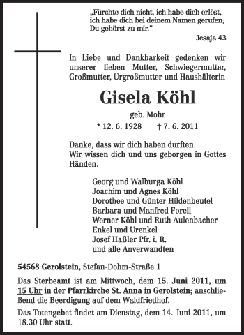 Traueranzeige von Gisela Köhl von TRIERISCHER VOLKSFREUND