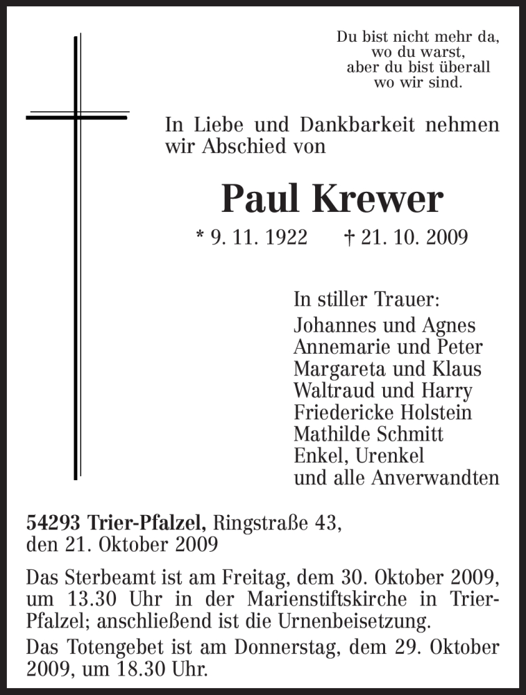 Traueranzeigen von Paul Krewer Volksfreund.Trauer.de