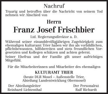 Traueranzeige von Franz Josef Frischbier von TRIERISCHER VOLKSFREUND