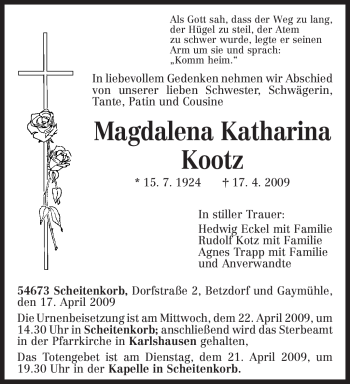 Traueranzeige von Magdalena Katharina Kootz von TRIERISCHER VOLKSFREUND