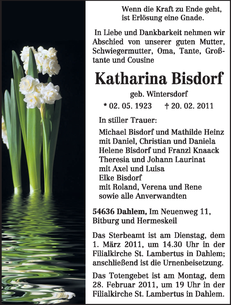  Traueranzeige für Katharina Bisdorf vom 26.02.2011 aus TRIERISCHER VOLKSFREUND