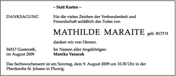Traueranzeige von Mathilde Maraite von TRIERISCHER VOLKSFREUND