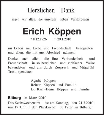 Traueranzeige von Erich Köppen von TRIERISCHER VOLKSFREUND