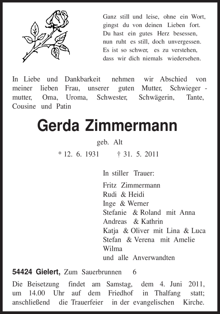  Traueranzeige für Gerda Zimmermann vom 02.06.2011 aus TRIERISCHER VOLKSFREUND