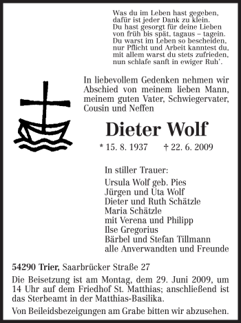 Traueranzeige von Dieter Wolf von TRIERISCHER VOLKSFREUND