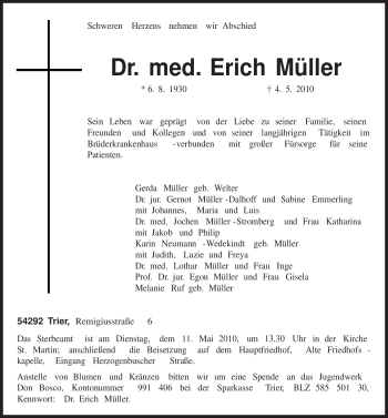 Traueranzeige von Erich Müller von TRIERISCHER VOLKSFREUND