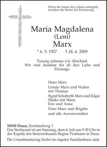 Traueranzeige von Maria Magdalena Marx von TRIERISCHER VOLKSFREUND