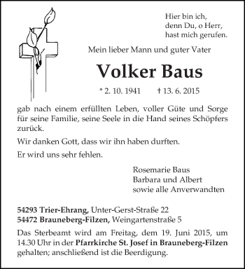 Traueranzeige von Volker Baus von trierischer_volksfreund