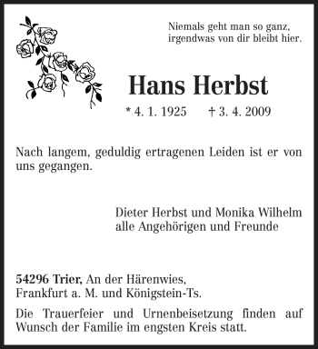 Traueranzeige von Hans Herbst von TRIERISCHER VOLKSFREUND