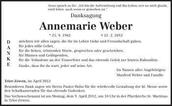 Traueranzeige von Annemarie Weber von TRIERISCHER VOLKSFREUND