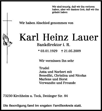 Traueranzeige von Karl Heinz Lauer von TRIERISCHER VOLKSFREUND